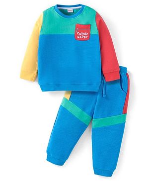 Babyhug Terry Knit Full Sleeves Color Block T-Shirt & Lounge Pants Set - Blue