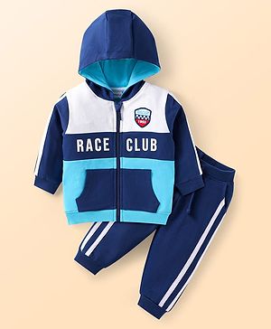 Babyhug Terry Knit Full Sleeves Cut & Sew Hooded T-Shirt & Joggers Set with Text Print - Navy Blue