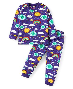 Babyhug Cotton Knit Full Sleeves Night Suit With Rainbow Print - Purple
