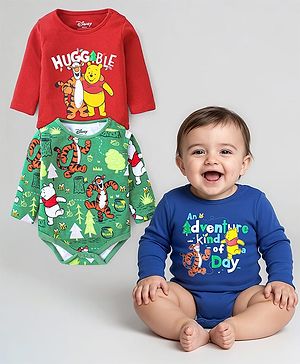 Babyhug Disney Cotton Knit Full Sleeves Winne The Pooh Graphics Onesies Pack of 3 - Red Green & Blue