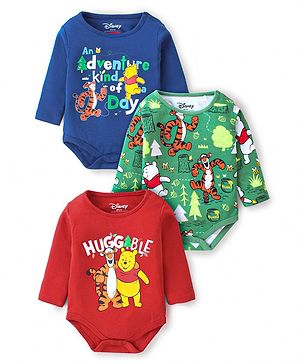 Babyhug Disney Cotton Knit Full Sleeves Winne The Pooh Graphics Onesies Pack of 3 - Red Green & Blue