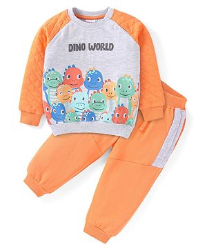 Babyhug Cotton Knit Full Raglan Sleeves T-Shirt & Lounge Pants Set With Dinosaurs Print - Orange & Light Grey