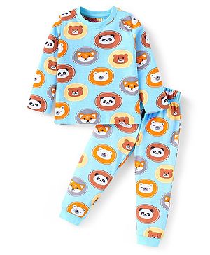 Babyhug Cotton Knit Full Sleeves Night Suit With Animal Print - Light Blue
