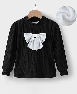 Kookie Kids Full Sleeves Winter Wear High Neck T-Shirt With Bow Applique - Black