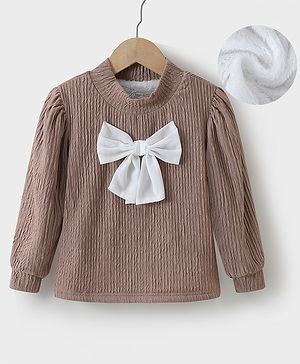 Kookie Kids Full Sleeves Winter Wear High Neck T-Shirt With Bow Applique - Brown