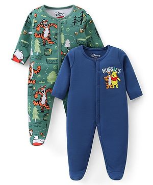 Babyhug Disney Cotton Knit Full Sleeves Sleep Suits With Winnie The Pooh Graphics Pack Of 2 - Blue & Green