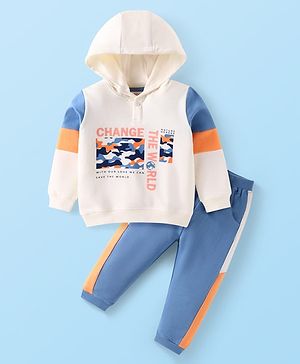 Babyhug Terry Knit Full Sleeves Hooded Text Printed Sweatshirt &  Lounge Pant - White