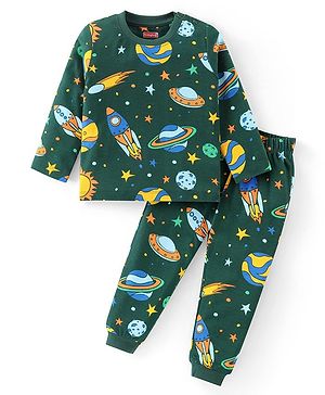 Babyhug Cotton Knit Full Sleeves Night Suit With Space Theme Print - Dark Green