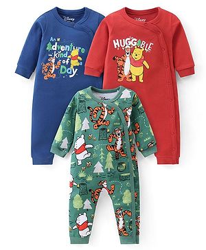 Babyhug Disney Interlock Knit Full Sleeves Rompers with Winnie the Pooh Graphics Pack of 3 - Red Green & Blue