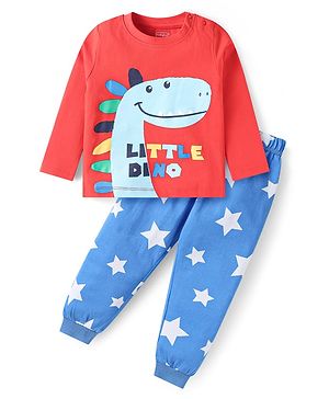 Babyhug Cotton Knit Full Sleeves Night Suit With Dino Print - Red & Blue