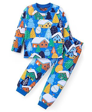 Babyhug Full Sleeves Night Suit with Christmas Theme Print -  Blue