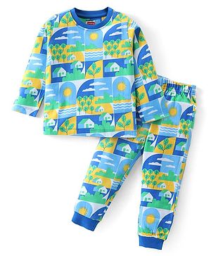 Babyhug Cotton Knit Full Sleeves Night Suit With Scenic Print - Blue