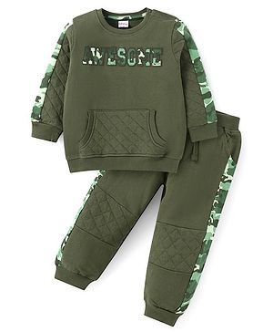 Babyhug Terry Knit Full Sleeves T-Shirt & Cut & Sew Designed Lounge Pant Set with Kangaroo Pockets & Text Embroidery - Dark Green