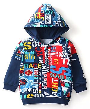 Babyhug Cotton Knit Full Sleeves Hooded Sweatshirt With Text Print - Blue