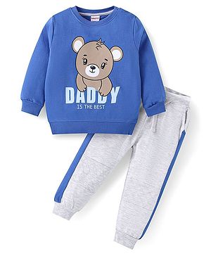 Babyhug Terry Knit Full Sleeves T-Shirt & Lounge Pant Set with Text & Bear Print - Royal Blue & Grey