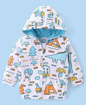 Babyhug Cotton Knit Full Sleeves Front Open Hooded Sweatjacket with Dino Print - White