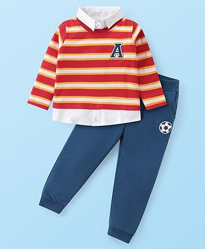 Babyhug Cotton Knit Full Sleeves Striped Overlapped T-Shirt & Lounge Pants Set With Appliques - Red & Blue