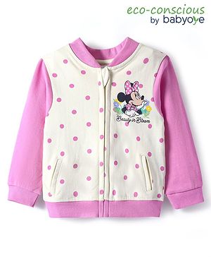 Babyoye Disney Terry Knit Full Sleeves Bomber Jacket With Minnie Mouse & Friends Graphics - Pink