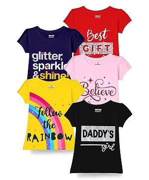 KUCHIPOO Pack Of 5 Cotton Half Sleeves Believe & Follow The Rainbow Text Printed Tees - Multi Colour