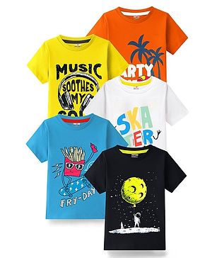 KUCHIPOO Pack Of 5 Cotton Half Sleeves Space Theme & Party Time Text Printed Tees - Multi Colour