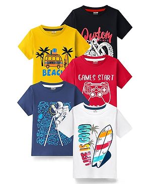 KUCHIPOO Pack Of 5 Cotton Half Sleeves Space & Gaming Theme Printed Tees - Multi Colour