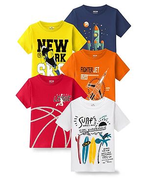 KUCHIPOO Pack of 5 Half Sleeves Space & Beach Theme Printed Tee - Red Yellow Orange Blue & White