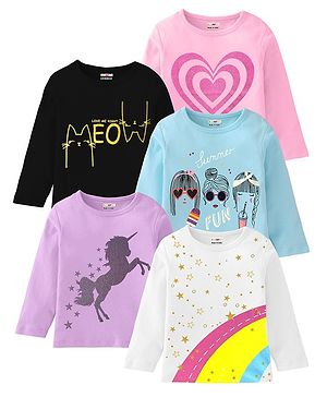 KUCHIPOO Pack Of 5 Cotton Full Sleeves Unicorn & Stars Printed Tees - Pink Black Blue Purple & White