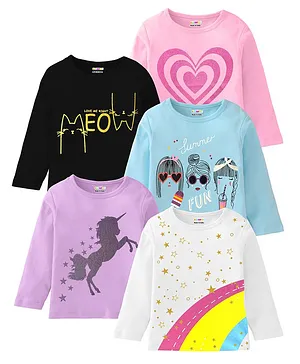 KUCHIPOO Pack Of 5 Cotton Full Sleeves Unicorn & Stars Printed Tees - Pink Black Blue Purple & White