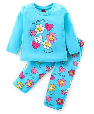 Babyhug Cotton Knit Full Sleeves Night Suit With Floral Print - Light Blue