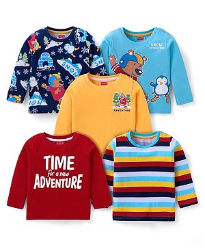 Babyhug Cotton Knit Full Sleeves T-Shirts with Stripes & Animal Graphics Pack of 5 - Blue Maroon & Yellow