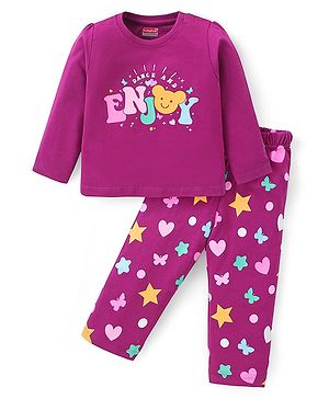 Babyhug Cotton Knit Full Sleeves Night Suit with Text & Heart Print - Violet