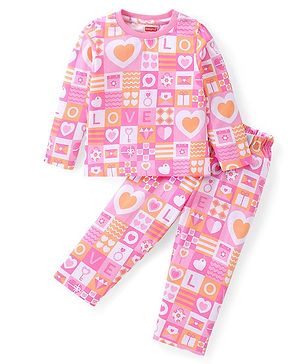 Babyhug Cotton Knit Full Sleeves Heart Printed Night Suit - Pink