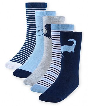 Cute Walk by Babyhug Anti-Bacterial Ankle Length Socks with Stripes & Lion Design Pack of 5 - Blue