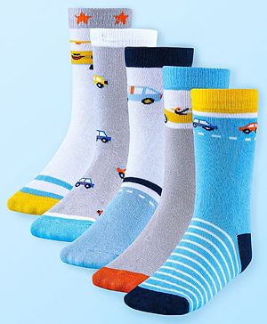 Cute Walk by Babyhug Anti-Bacterial Ankle Length Socks with Stripes & Car Design Pack of 5 - Blue