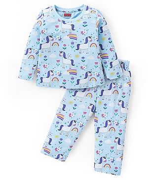 Babyhug Cotton Knit Full Sleeves Night Suit With Unicorn & Floral Print - Blue