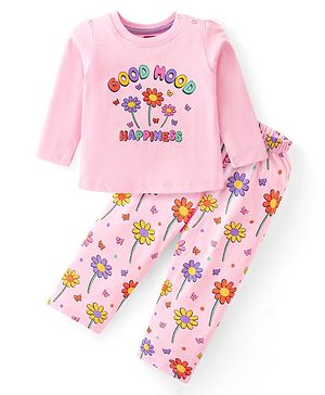 Babyhug Cotton Knit Full Sleeves Night Suit With Text & Floral Print - Pink