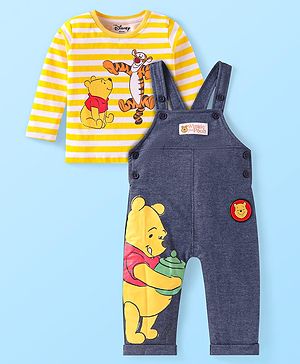Babyhug Disney Cotton Knit Full Sleeves Striped Winnie The Pooh Printed T-Shirt & Dungaree Style Romper - Blue & Yellow