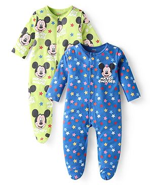 Babyhug Disney Interlock Knit Full Sleeves Footed Sleep Suit With Mickey Mouse Graphics Pack of 2 - Green & Blue