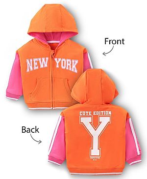 Babyhug Cotton Knit Full Sleeves Hooded Sweatjacket With Text Prints & kangaroo Pockets - Orange