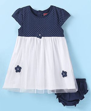 Babyhug Knit Half Cap Sleeves Polka Dot Printed Frock With Floral Applique & Bloomer - Navy Blue