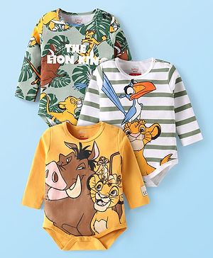 Babyhug Disney Interlock Knit Full Sleeves Onesies with The Lion King  Graphics Pack of 3- Yellow Sea Green & White