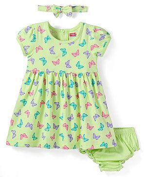 Babyhug Knit Half Sleeves Butterfly Printed Frock With Headband & Bloomer - Green