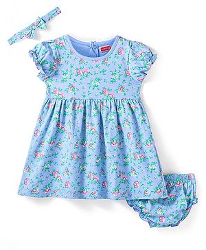 Babyhug Knit Half Cap Sleeves Floral Printed Frock With Headband & Bloomer - Light Blue