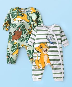 Babyhug Disney Interlock Knit Full Sleeves Rompers With Lion King Graphics Pack of 2 - White & Green