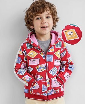 Babyhug Cotton Knit Full Sleeves Hooded Sweatjacket with Postcards Print - Red