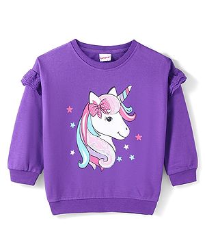 Babyhug Knit Full Drop Shoulder Sleeves Sweatshirt with Unicorn Graphics - Purple