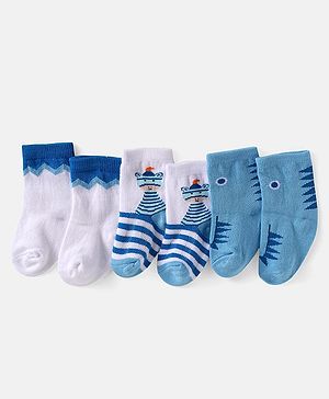 Cute Walk by Babyhug Knit Ankle Length Anti Bacterial Socks with Stripes & Dino Design Pack of 3 - White & Light Blue