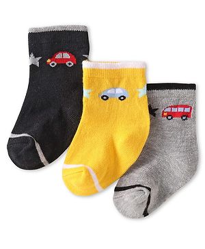 Cute Walk by Babyhug Knit Ankle Length Anti Bacterial Socks with Car Design Pack of 3 - Yellow Blue & Grey