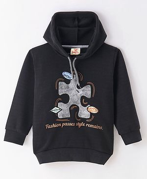 Rikidoos Cotton Full Sleeves Typography Printed Hooded Sweatshirt - Black