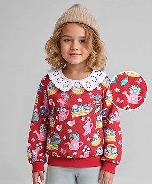 Babyhug Knit Full Drop Shoulder Sleeves Sweatshirt with Floral Graphics & Lace Detailing - Red